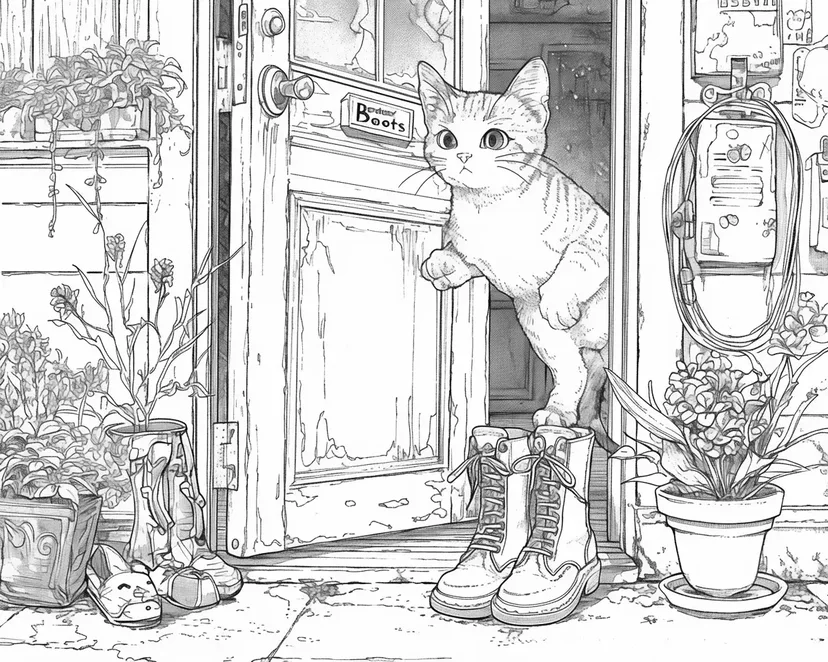 Dibujo de Gato Curioso y Botas para colorear