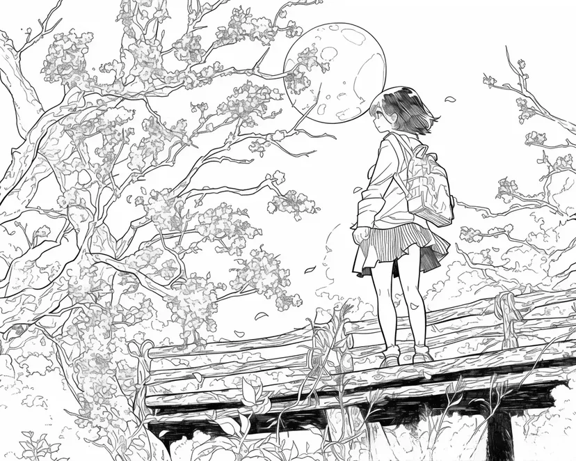 Girl on the Moonlit Bridge coloring page