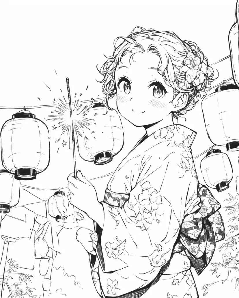 Dibujo de Chica en Yukata y Noche de Verano para colorear