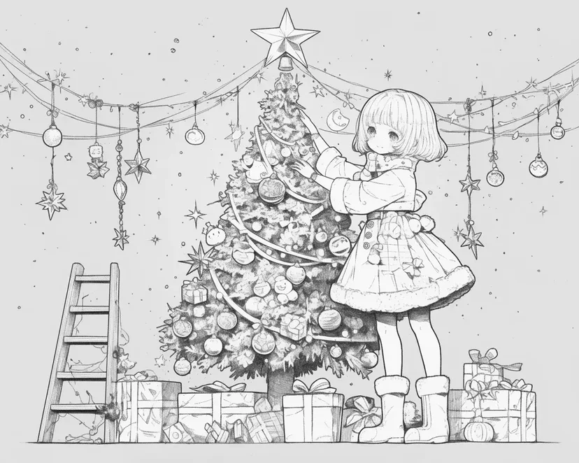 クリスマスツリーを飾る少女の塗り絵