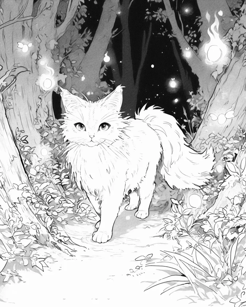Coloriage Chat Marchant dans la Forêt Magique