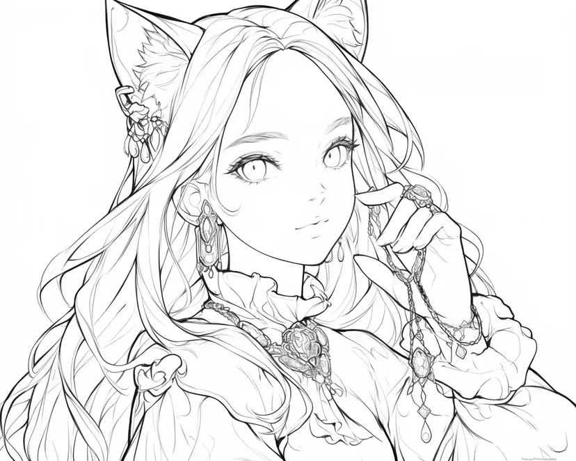 Dibujo de Chica con Orejas de Gato y Collar de Joyas para colorear