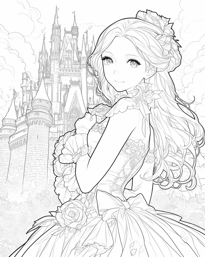 お城の前のプリンセスの塗り絵