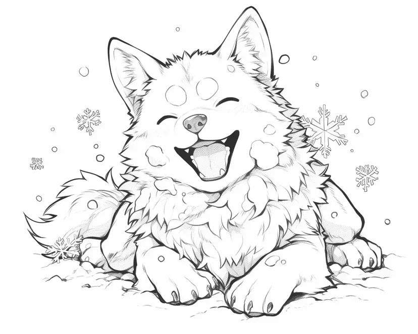 雪の中で遊ぶわんぱくな子犬の塗り絵