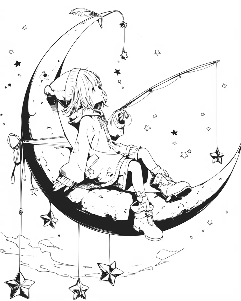 星を釣る少女の塗り絵