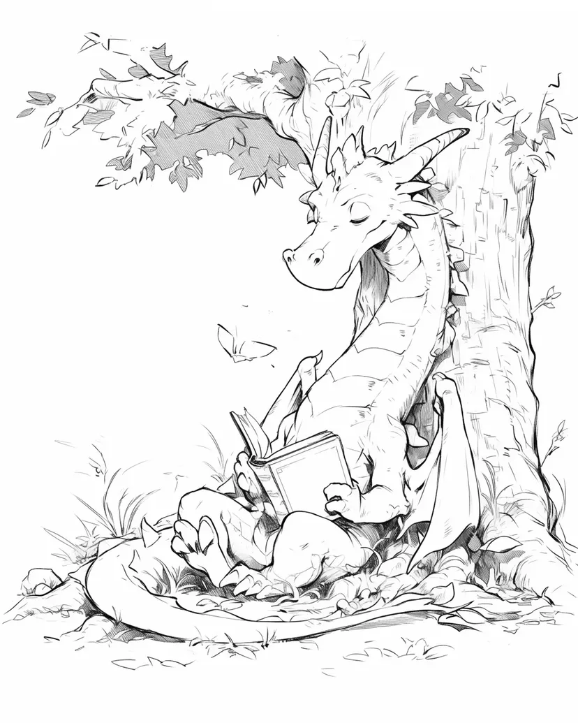 木陰で読書するドラゴンの塗り絵