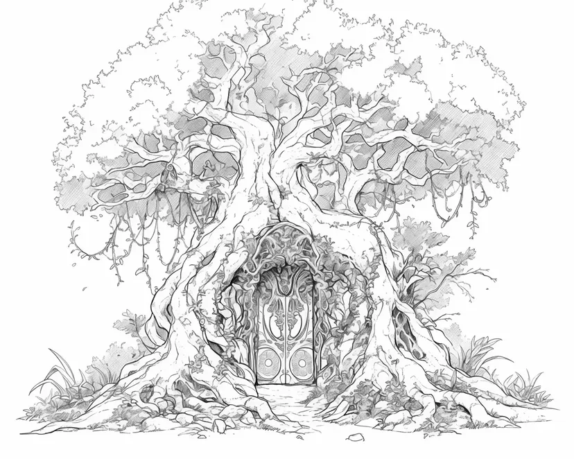 Dibujo de Árbol Místico con una Puerta Mágica para colorear