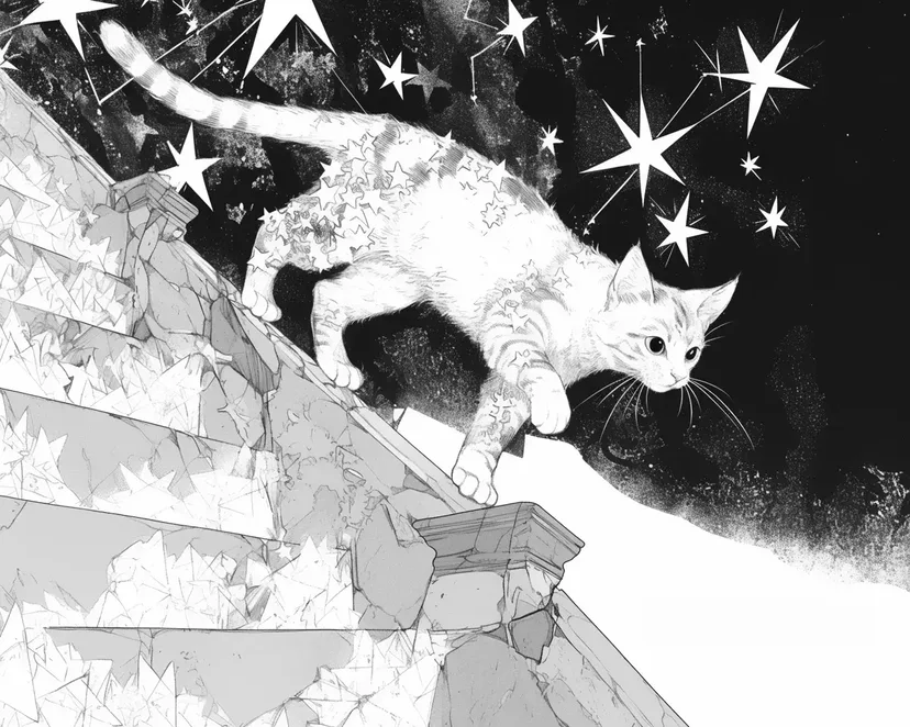 Desenho de Gato Caminhando no Céu Estrelado para colorir