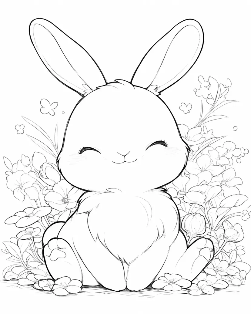 Dibujo de Conejito en el Campo de Flores para colorear