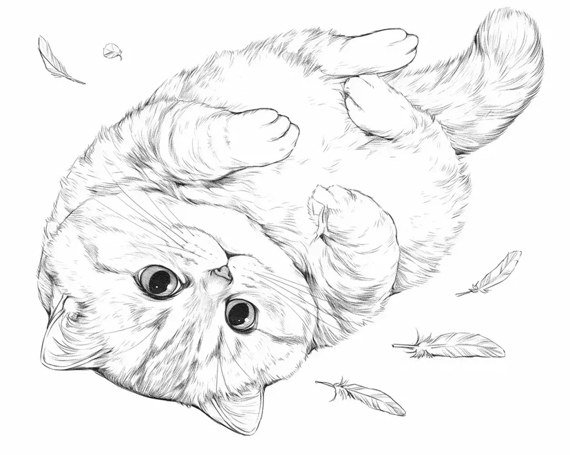 Desenho de Gato Fofo e Penas para colorir