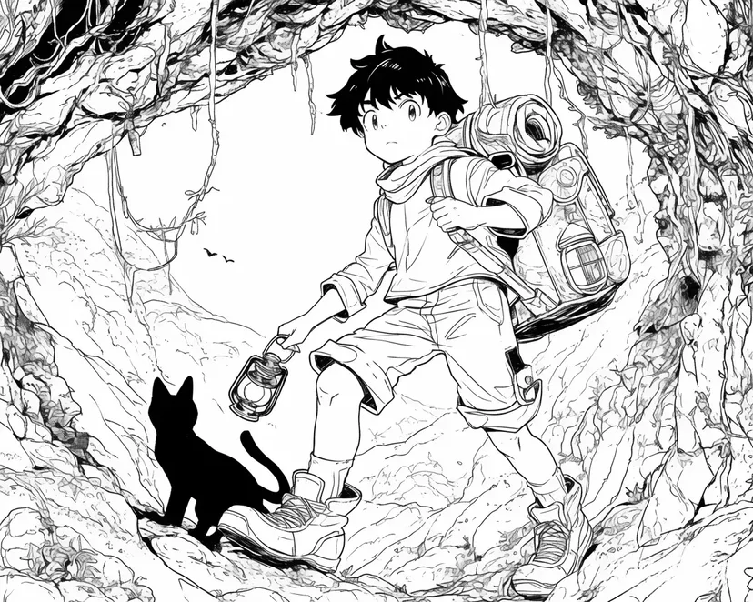 洞窟での冒険の塗り絵