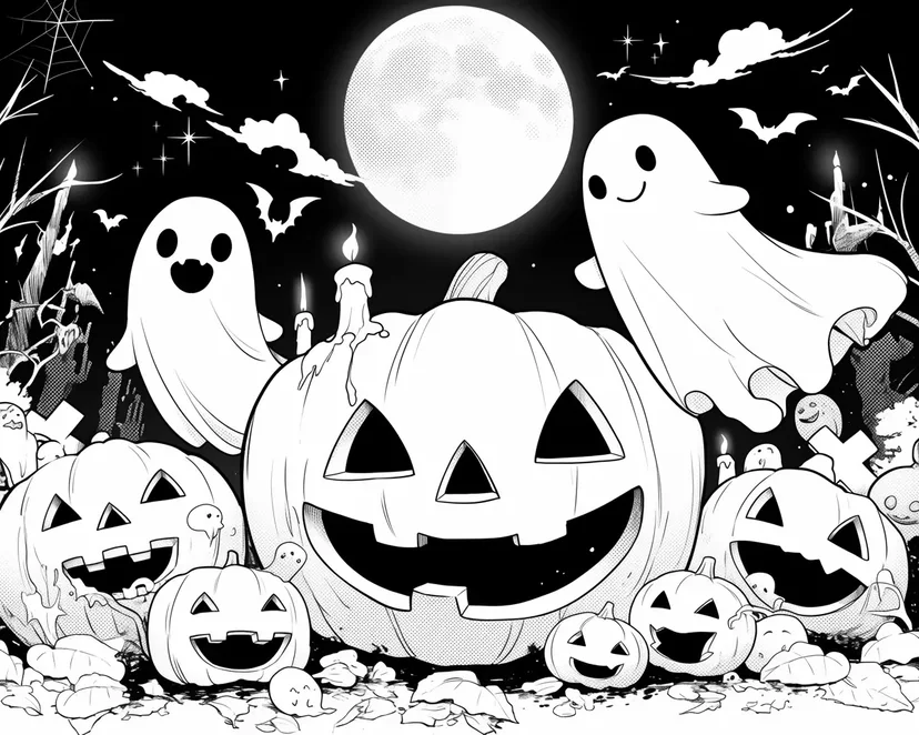 満月とハロウィンのかぼちゃたちの塗り絵