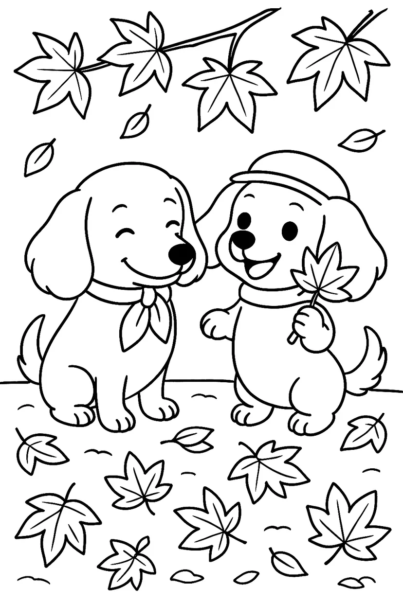 Dibujo de Cachorros Disfrutando una Aventura de Otoño para colorear