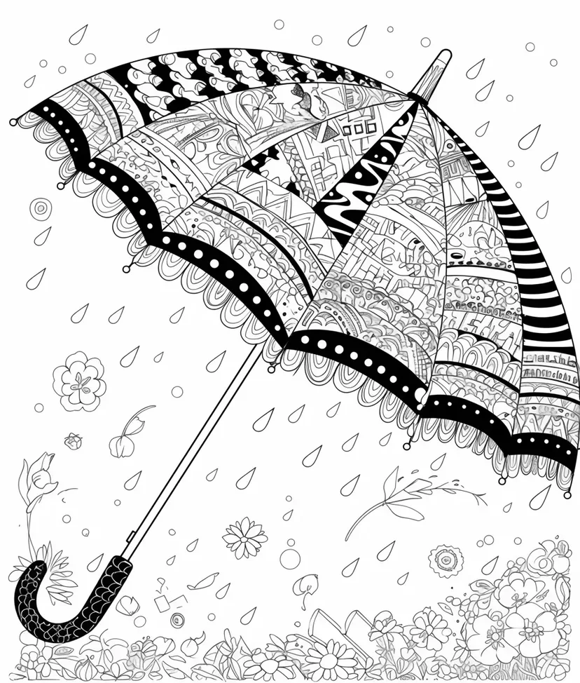 雨の中のカラフルな傘の塗り絵