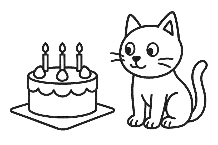 Dibujo de Gato y Pastel de Cumpleaños para colorear