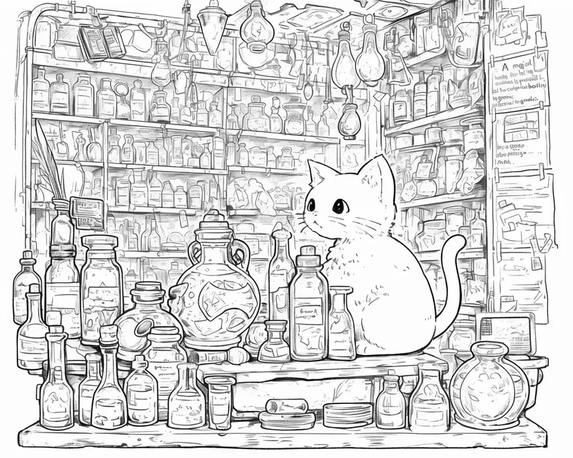 Desenho de Gato na Loja de Poções do Mago para colorir