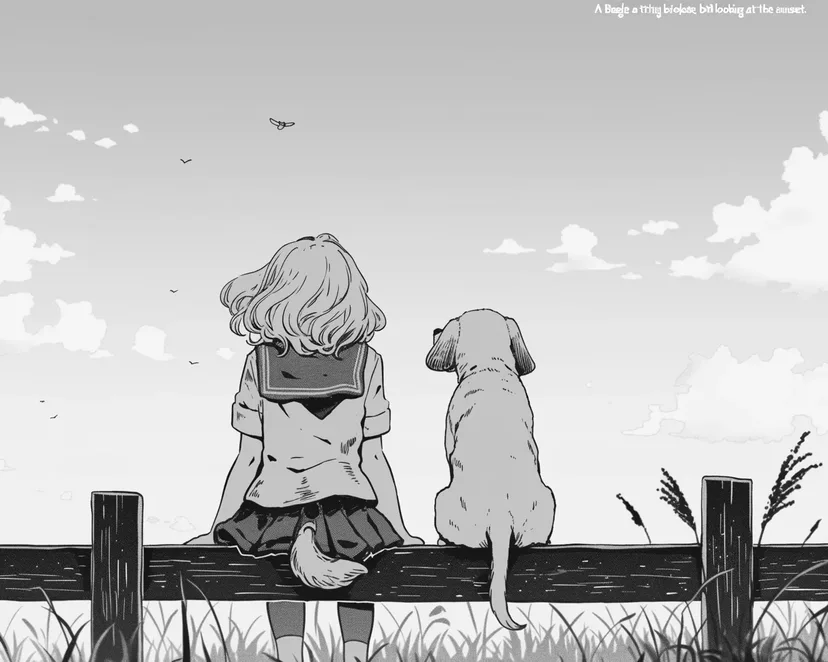 Dibujo de Niña y Perro Mirando el Atardecer para colorear