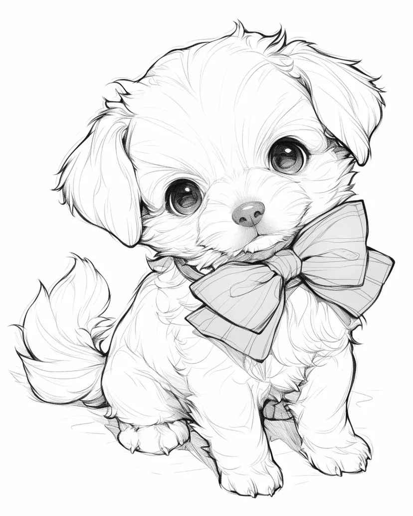 かわいいリボンの子犬の塗り絵