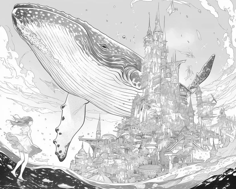 Dibujo de Ballena Voladora y Ciudad Fantástica para colorear