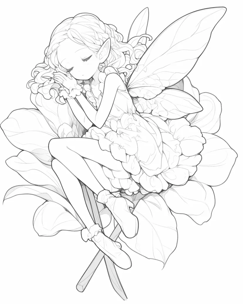 花の上で眠る妖精の塗り絵