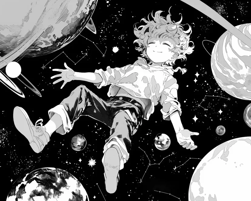 Boy Floating Among Stars coloring page