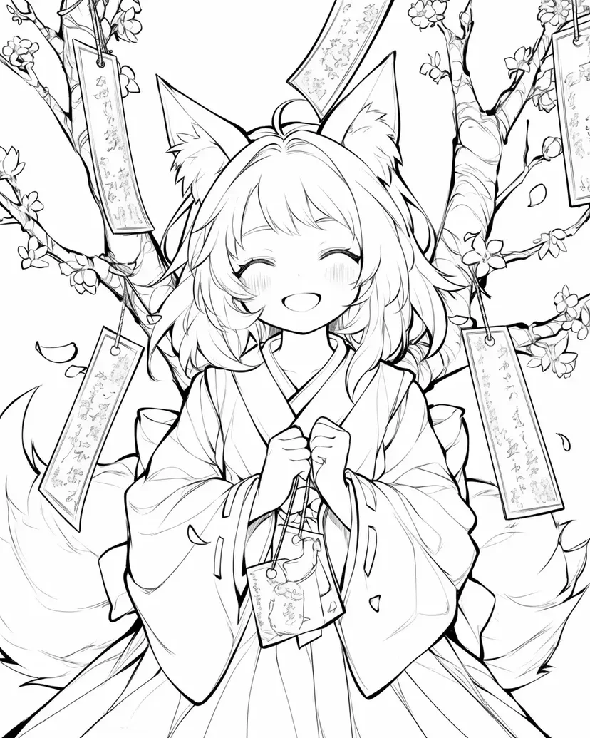 Dibujo de Chica Zorro Sonriente en la Temporada de Cerezos en Flor para colorear