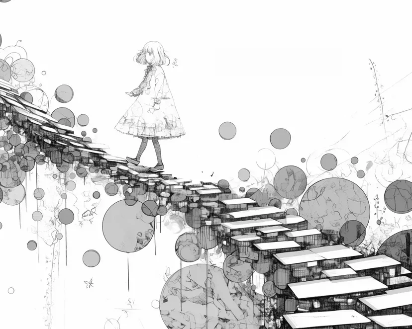 空中の階段を歩く少女の塗り絵