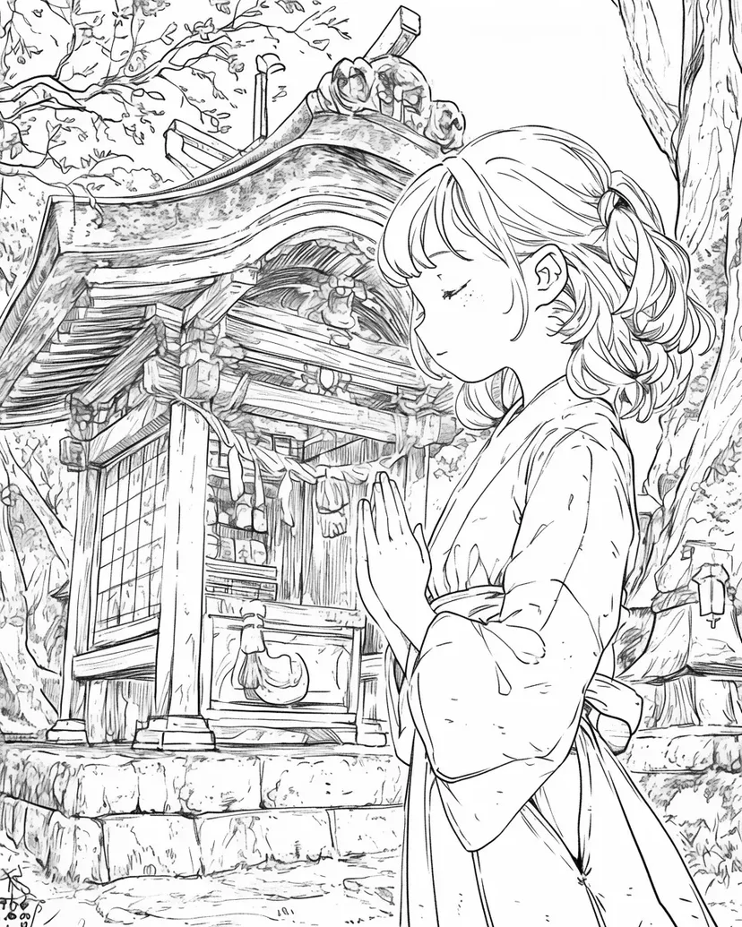 木の下で祈る少女の塗り絵