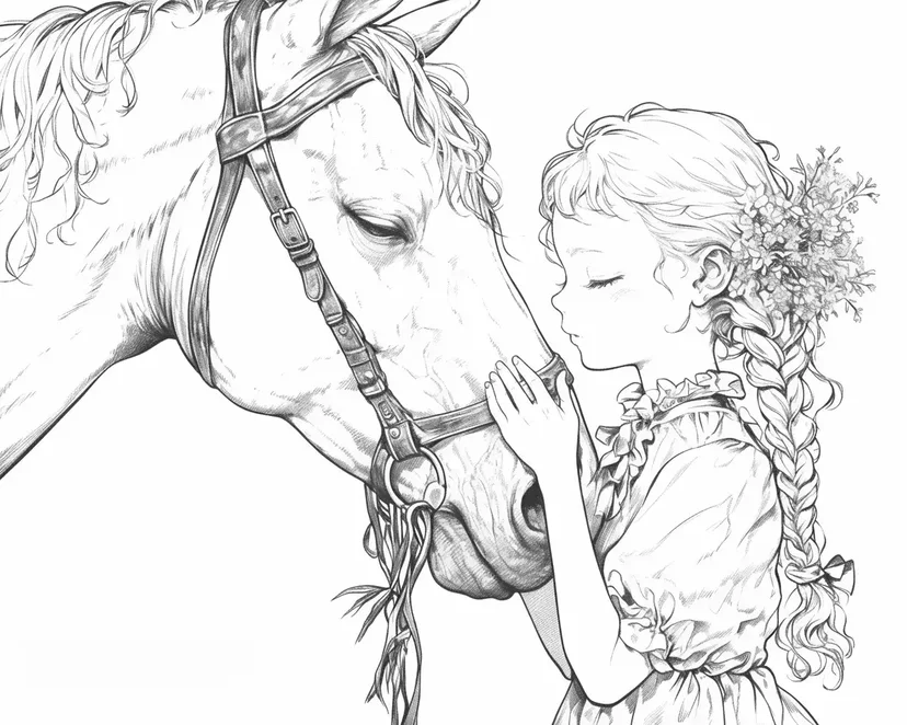 少女と馬の優しい瞬間の塗り絵