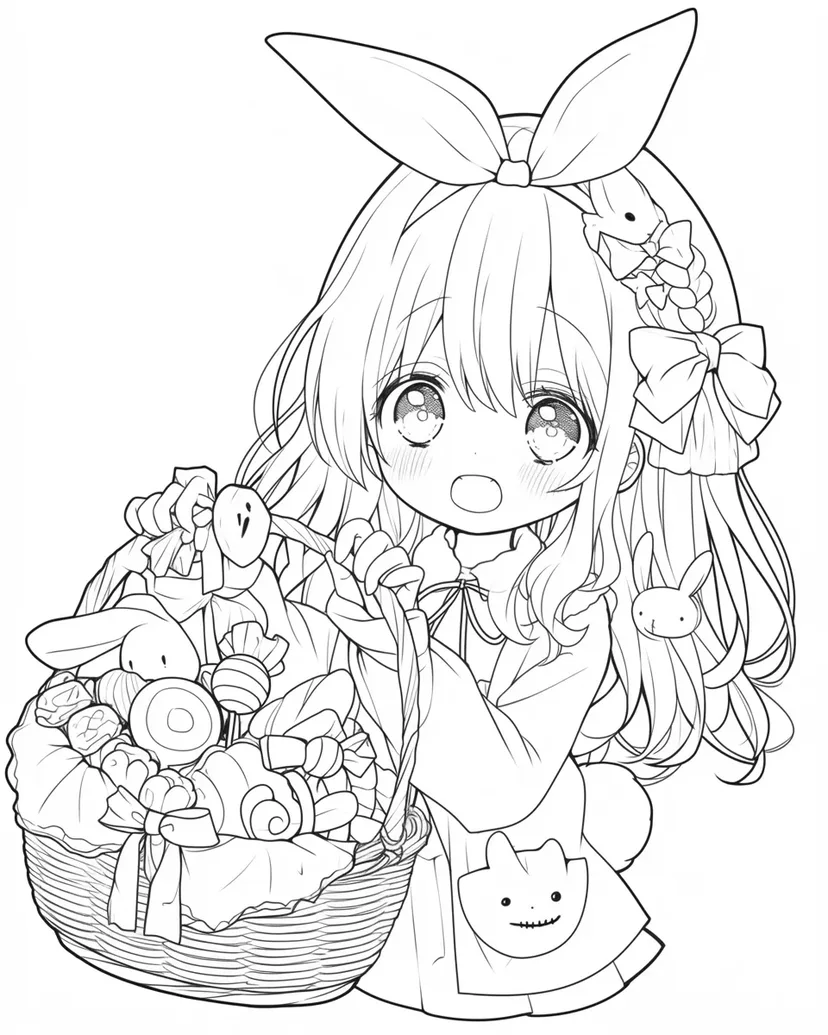 キャンディいっぱいのバスケットを持つ女の子の塗り絵