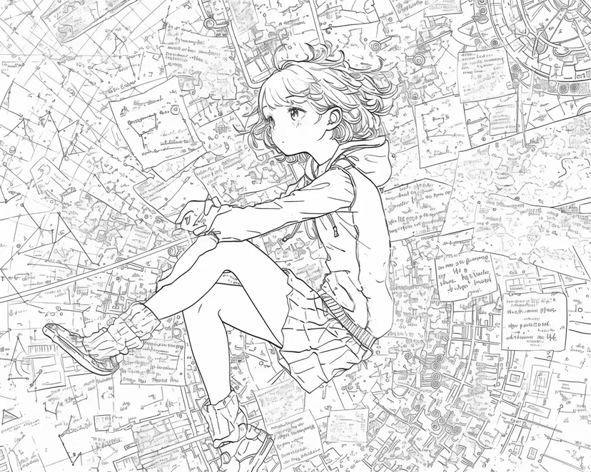 空想の街を飛ぶ少女の塗り絵