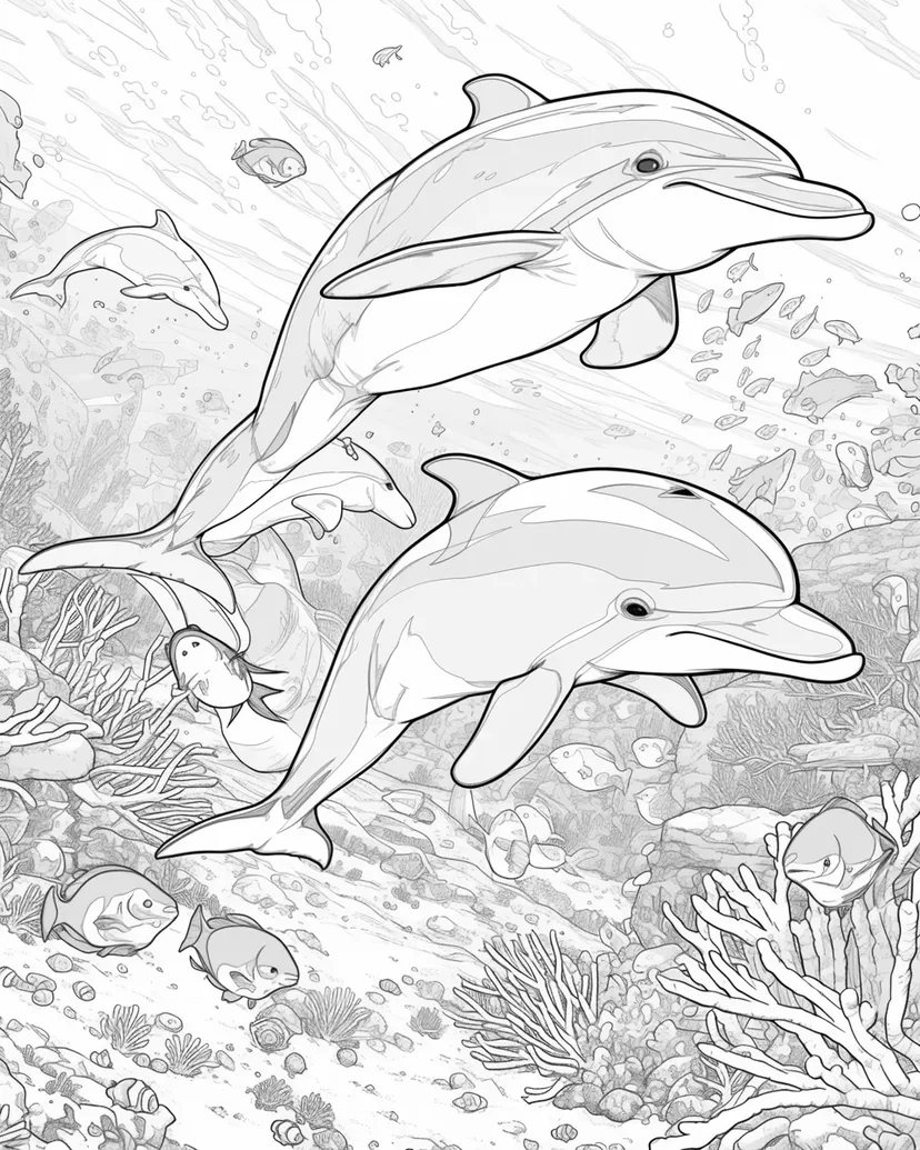 海の中のイルカたちの塗り絵