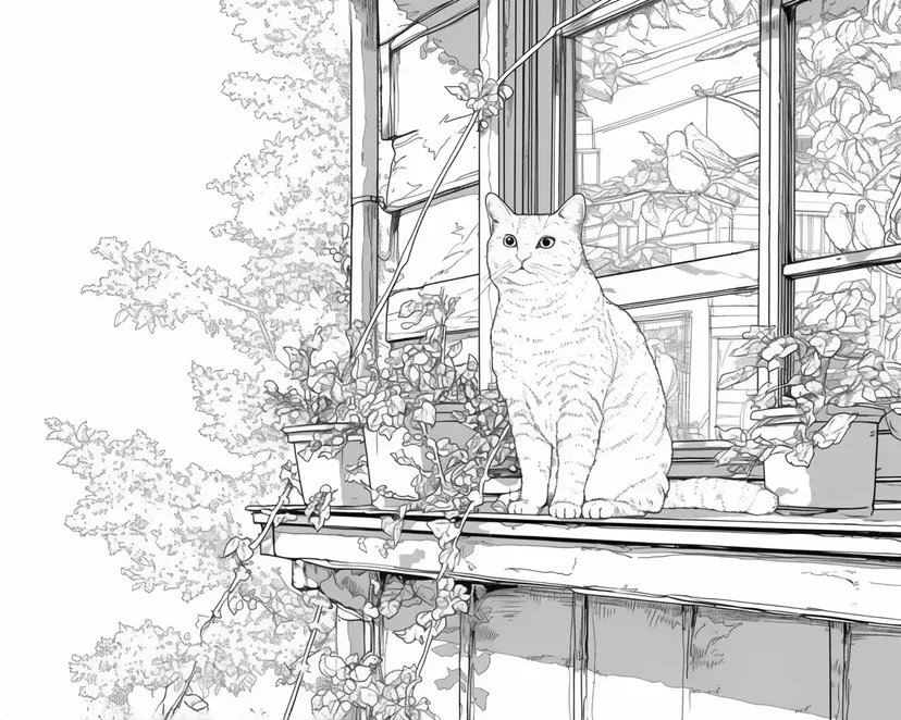 窗台上的猫涂色页