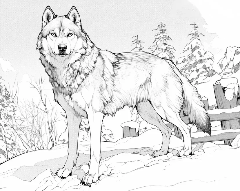 雪の中のシベリアンハスキーの塗り絵