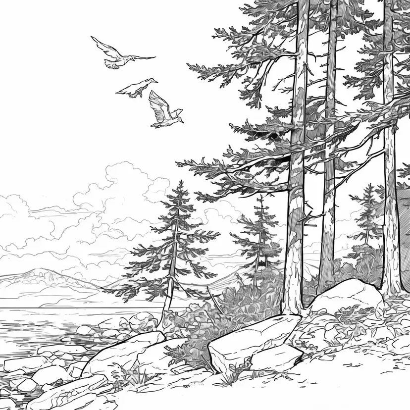 Desenho de Paisagem de Montanha Pacífica para colorir