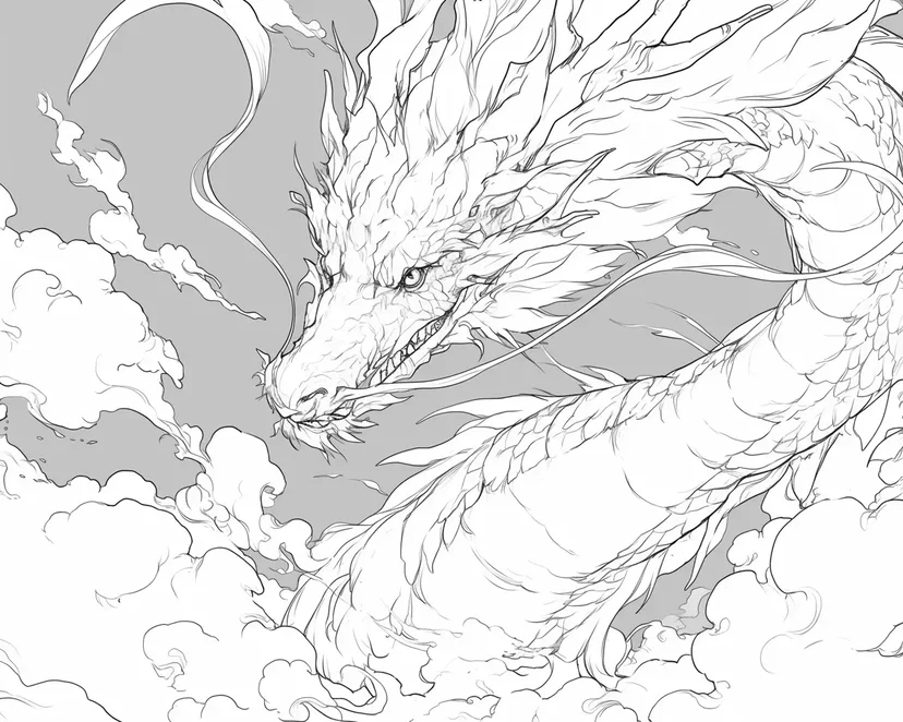 Dibujo de Dragón Volando entre las Nubes para colorear