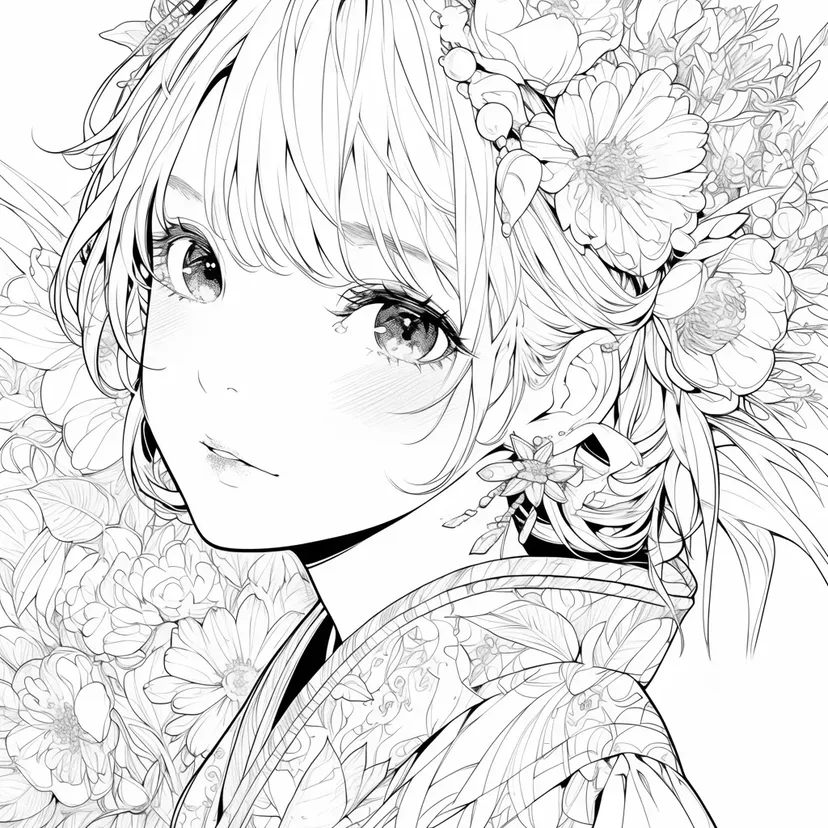 花に囲まれた少女の塗り絵