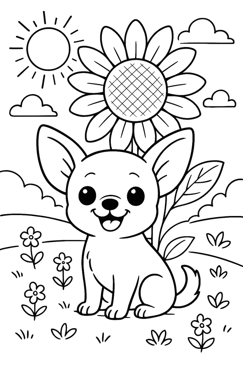 Dibujo de Girasol y Pequeño Cachorro para colorear