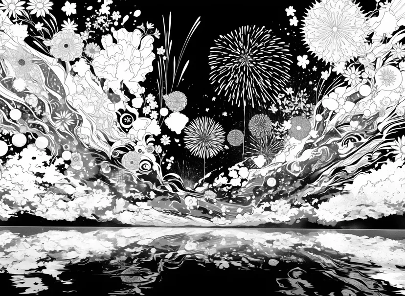 花火と花の幻想の塗り絵