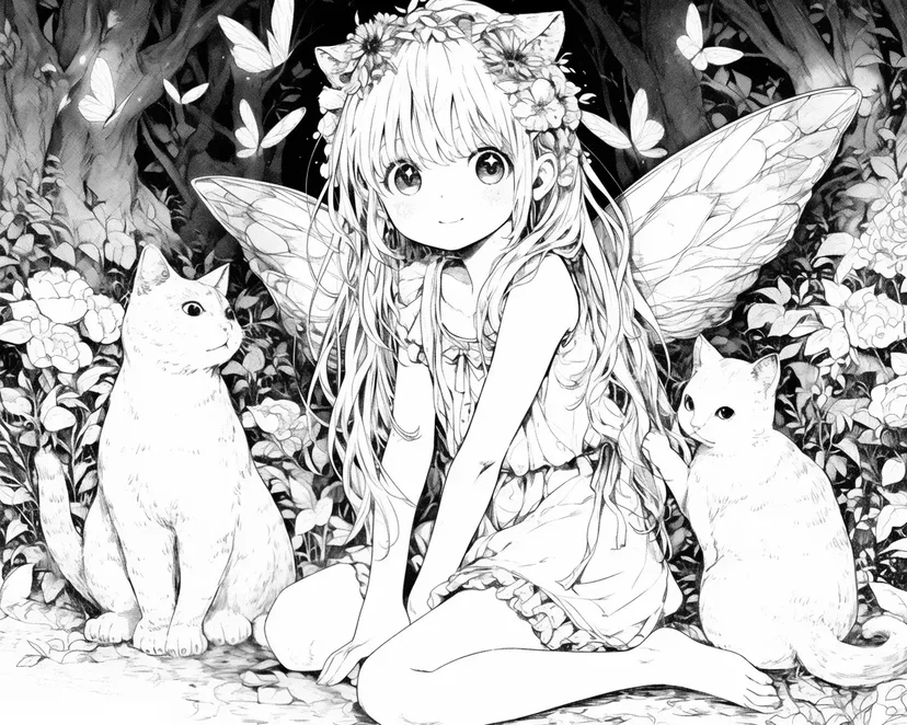 Gambar mewarnai Peri dan Kucing di Hutan