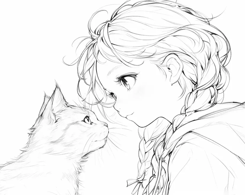 少女と猫の出会いの塗り絵