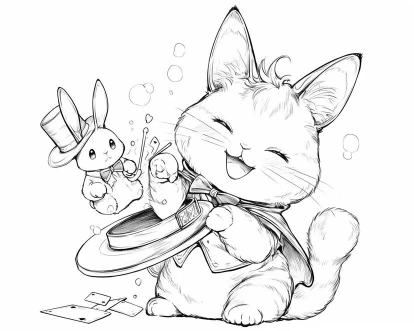 Desenho de Gato Mágico e Coelho para colorir