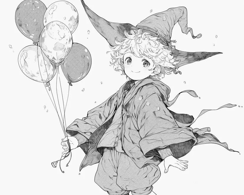 Dibujo de Niño con Globos y Sombrero de Mago para colorear