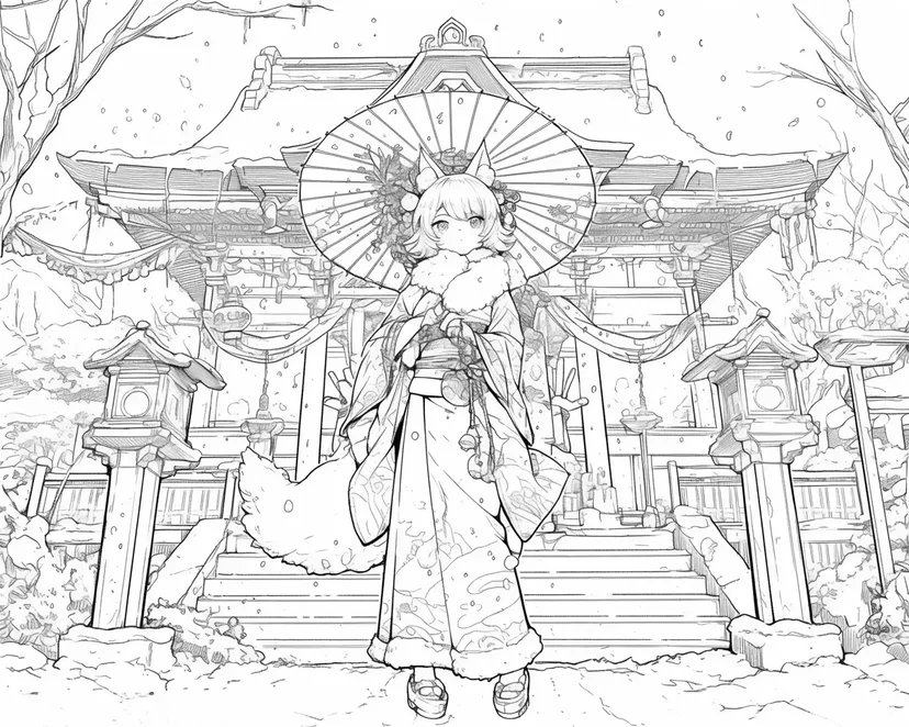 雪の神社の少女の塗り絵