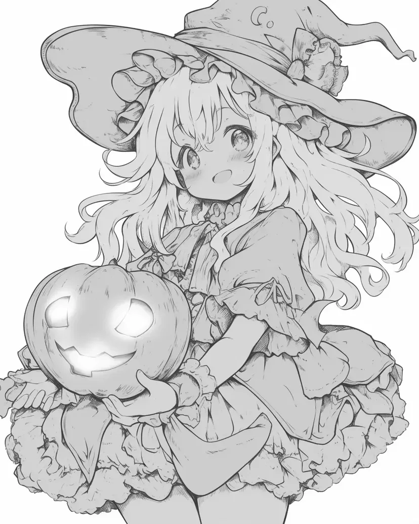 ハロウィンの小さな魔女の塗り絵