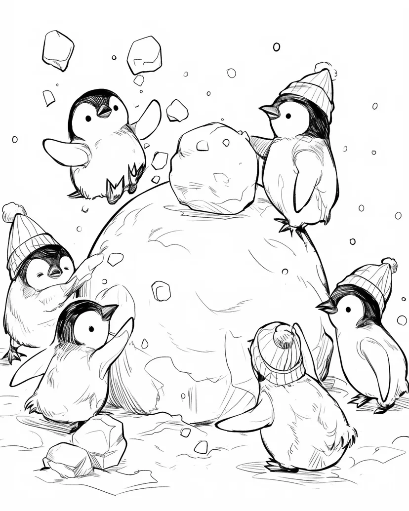 ペンギンたちの雪遊びの塗り絵