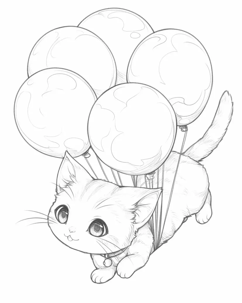 風船と子猫の冒険の塗り絵