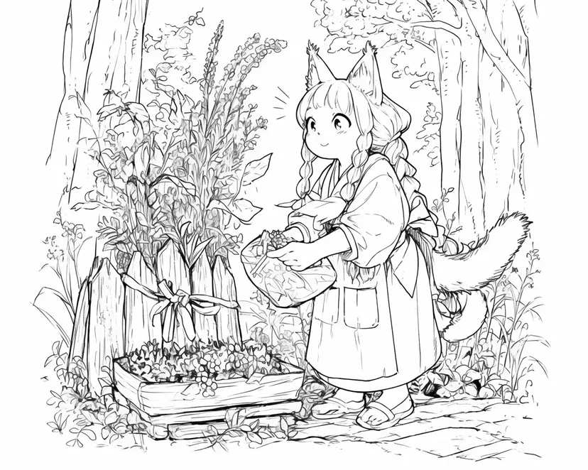 森の妖精と花畑の塗り絵