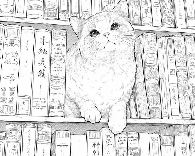书架中的猫涂色页