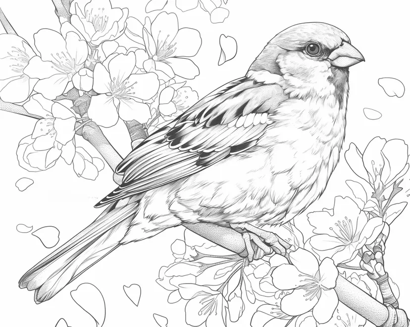 桜の枝に止まるスズメの塗り絵
